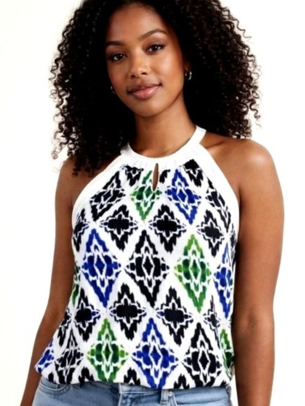 Ann Taylor Sleeveless Knit Top Ikat Blue & Green Geometric